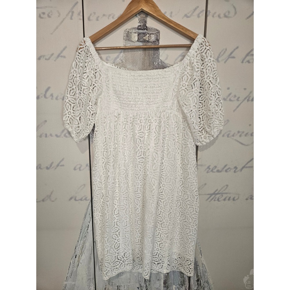 Trina Turk White Floral Lace Puff Sleeve Smocked Mini Dress Womens Size XS